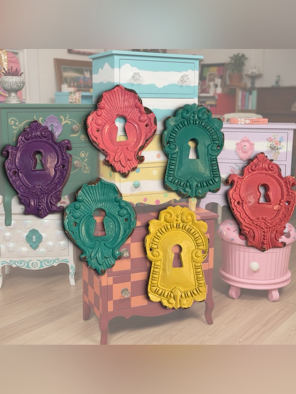 Ornate Decorative Multicolor Distressed Ceramic KeyHoles Whimsical Vintage Style